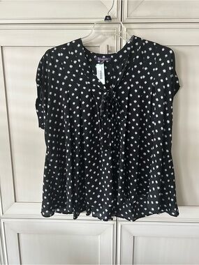 Roaman's Black Tie-Neck Dot Blouse